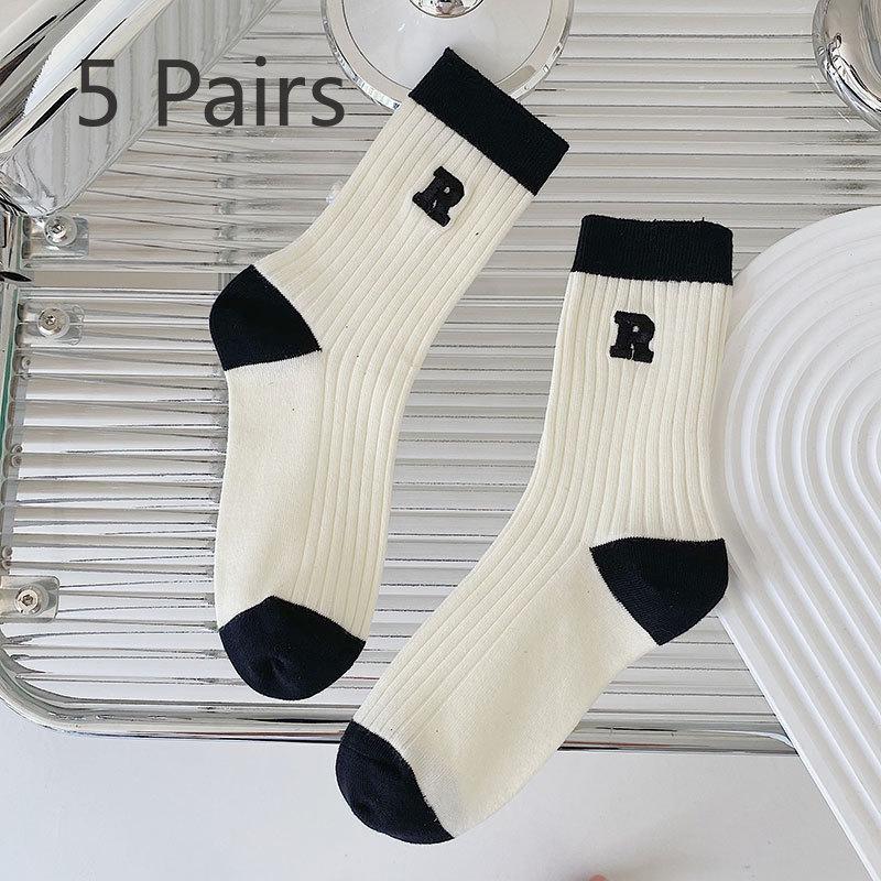 5 Pairs of Female Spring and Summer New Embroidery Stripe Simple and Breathable In The Tube Pile Socks