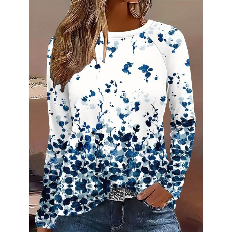Round Neck 3D Flower Pattern Top Casual Long Sleeved Women's T-shirts - Soft Medium Stretch Polyester Fabric Spring and Autumn Relaxed Fit Clothing
