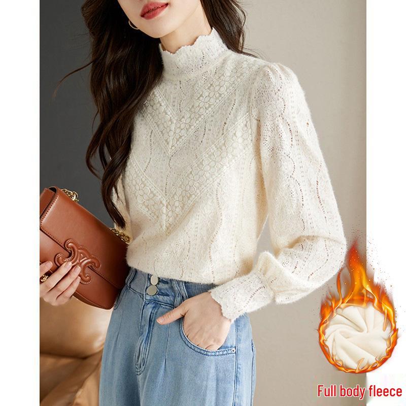 Women s Fleece-Lined Lace Shirt - Spring/Autumn 2025 Arrival, Stylish Semi-High Neck Top M