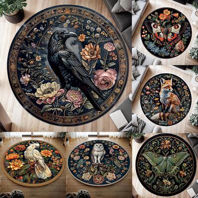 Tapis Rond Floral avec Motif Cacatoès, Tapis Lavable Boho Vintage Tapis Corbeau pour Salon, Chambre, Décoration Intérieure Tapis de Sol