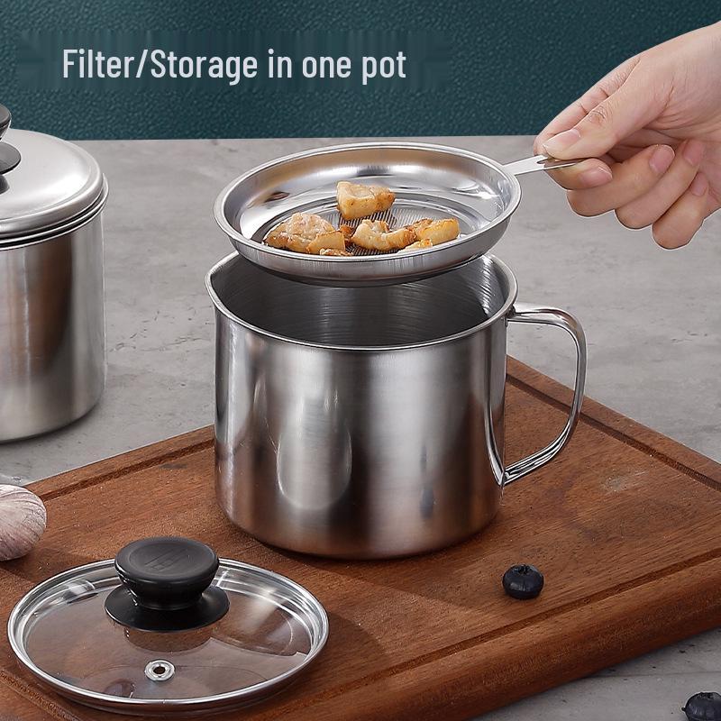 Stainless Steel Oil Filter Cup with Lid, Large Capacity for Kitchen Filtering and Storage