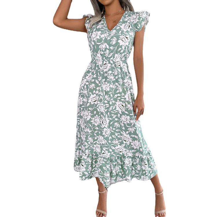Summer Women Floral High Waist Sleeveless V Neck Holiday Dress Wood Ear Edge Design