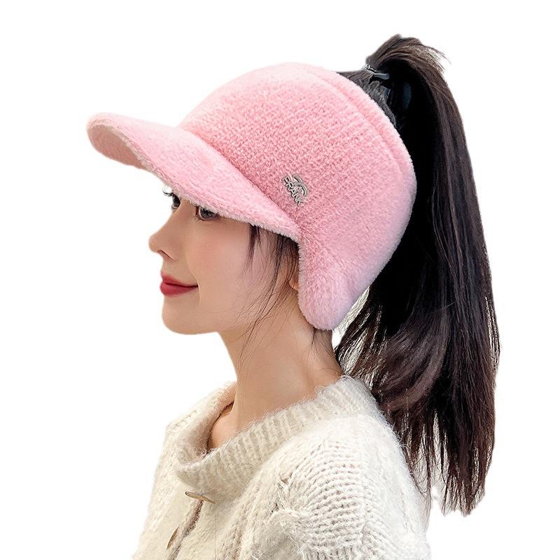Hollow Top Ear Protection Woolen Hat for Women In Autumn and Winter Thickened and Velvet Warm Knitted Hat Outdoor Cycling Cold Proof Duckbill Hat