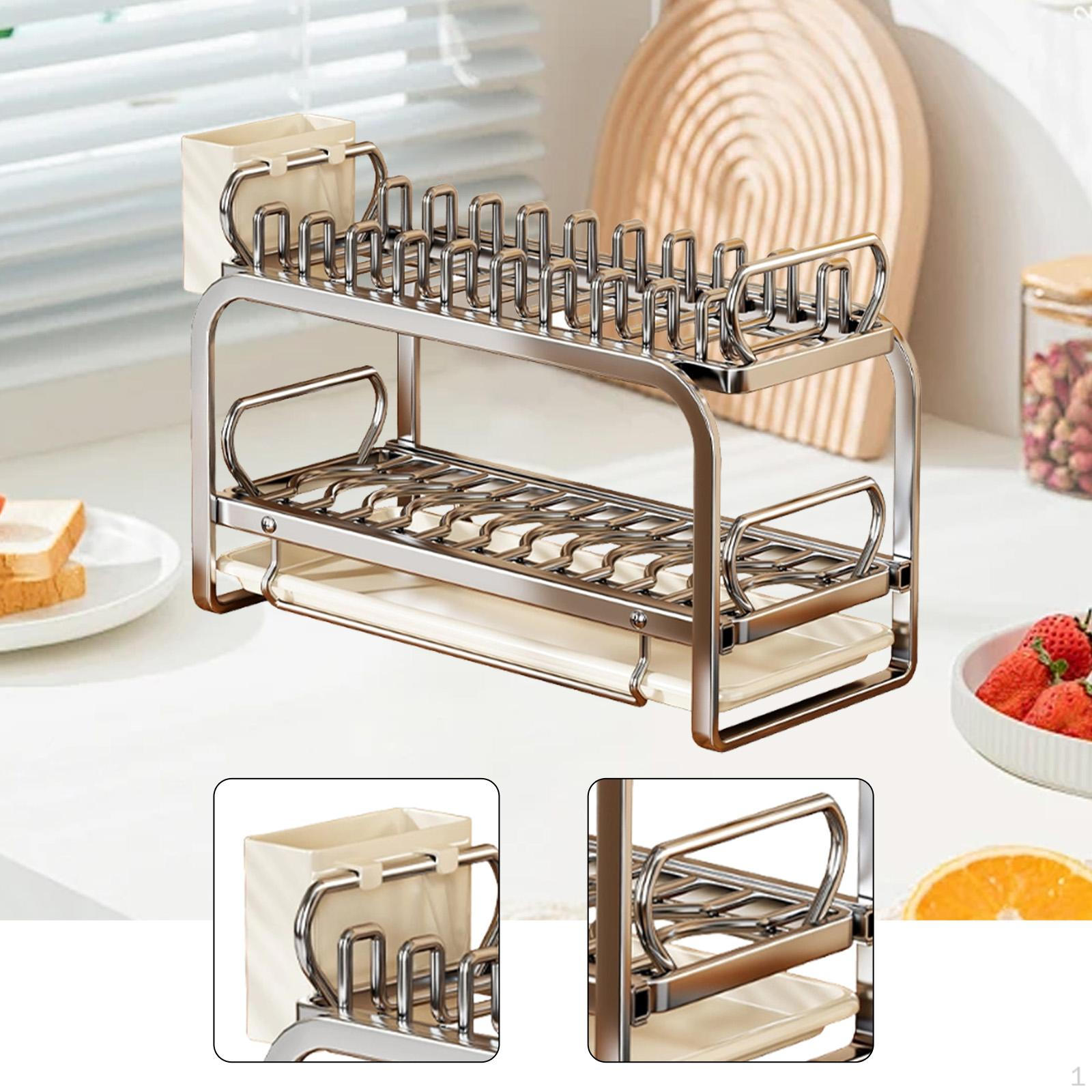 Dish Drying Rack Drainer Organizer Large Capacity, 2 Tier Multifunctional with Cutlery Holder