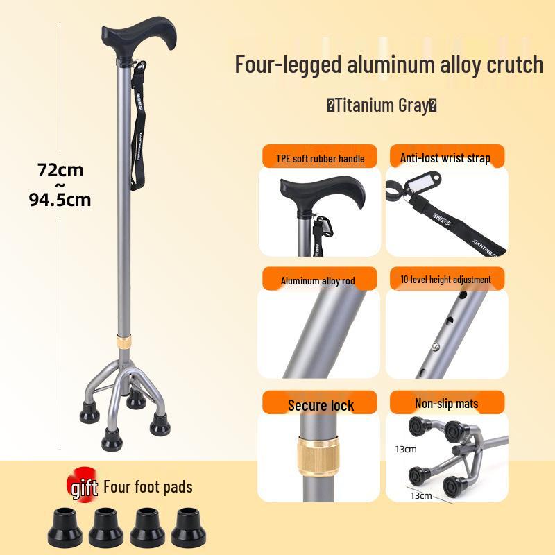 Lightweight Aluminum Alloy Four-Legged Cane with Soft Grip for Seniors - Anti-Slip, Adjustable Walking Stick.