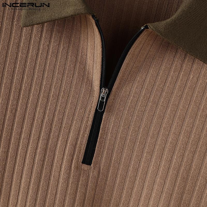 INCERUN Autumn Men Lapel Neck Long Sleeve Stitching Patchwork Rib Knitted Pullovers Tops