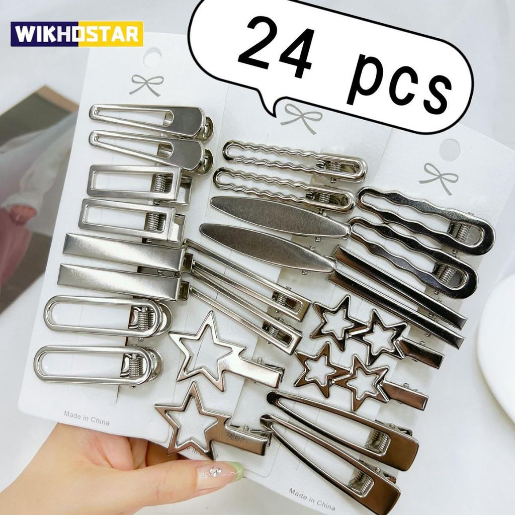 24 Piezas/Set Horquillas Metálicas Plateadas Y2K para Mujeres Niñas Pinza para el Cabello de Estrella Múltiples Estilos Pinza de Pato Sin Costuras Accesorios para el Cabello de Niñas
