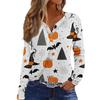 Women's Long Sleeve V Neck T Shirt Halloween Print Button Detail Casual Top Lightweight Soft Fabric Comfortable Fit