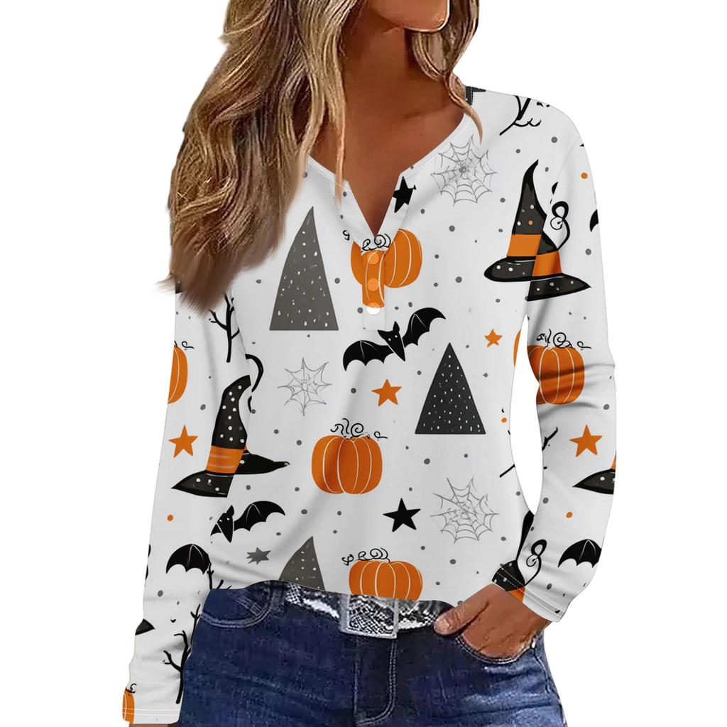 Women's Long Sleeve V Neck T Shirt Halloween Print Button Detail Casual Top Lightweight Soft Fabric Comfortable Fit