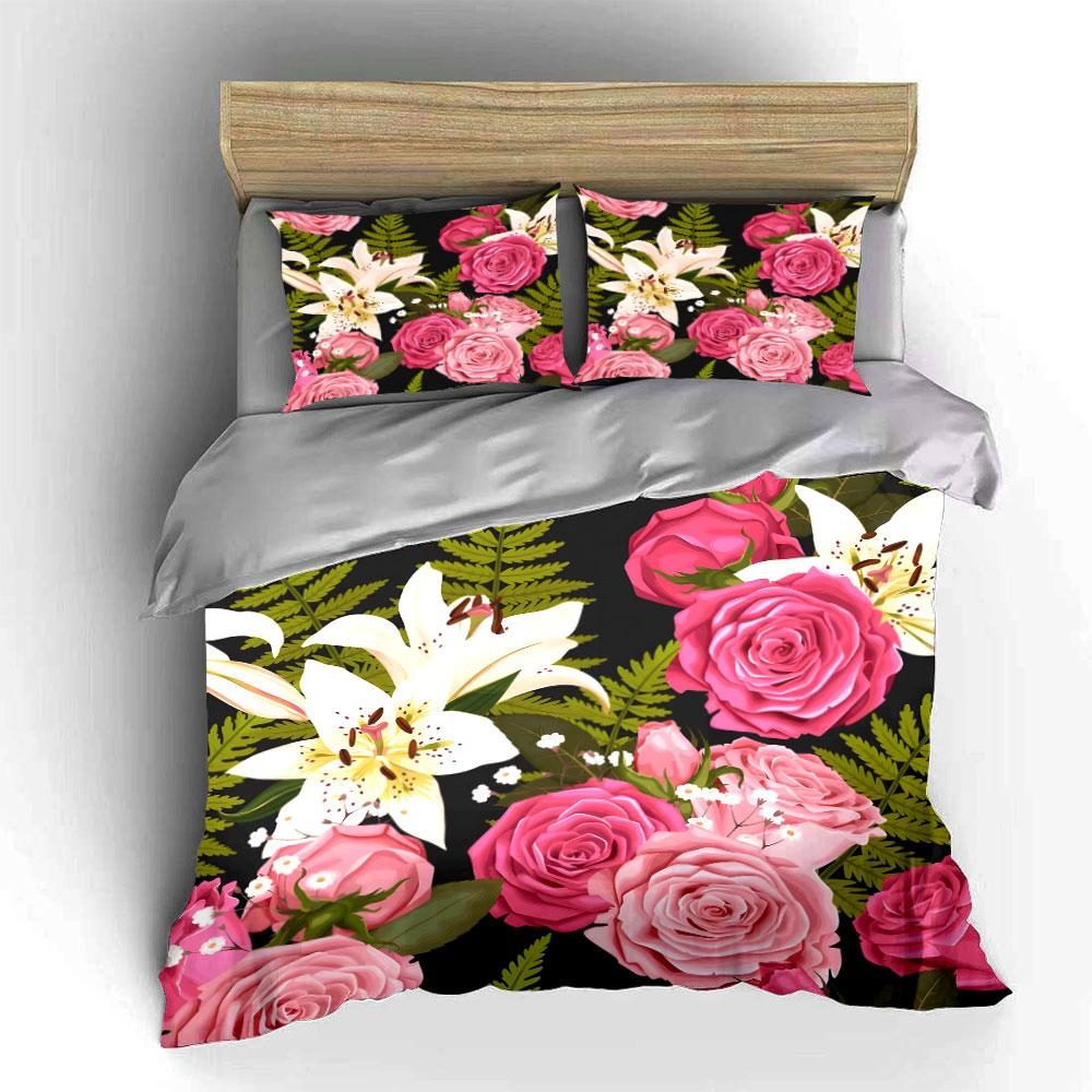 Pink Roses And White Lilies Bedding Set For Kids Luxury Gift 3Pcs Digital Print Comforter Set Soft Comfortable Breathable