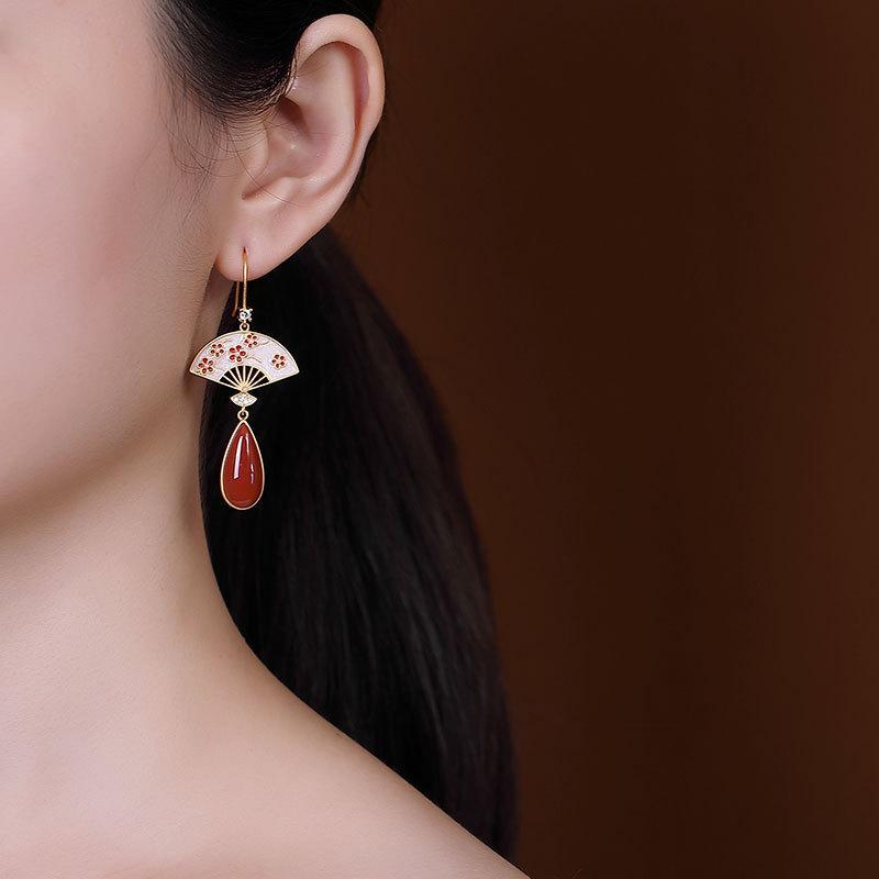 Ancient Gold Craft Southern Red Tourmaline Blossom Fan Earrings for Women Chinese Style Exquisite Water Drop Eardrop Jewelry