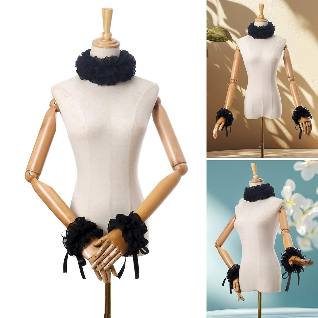 Elisabethanische Rüschen Falscher Kragen Viktorianisch Schwarz Halskrause Choker und Handgelenkstulpen Set für Halloween Kostümzubehör