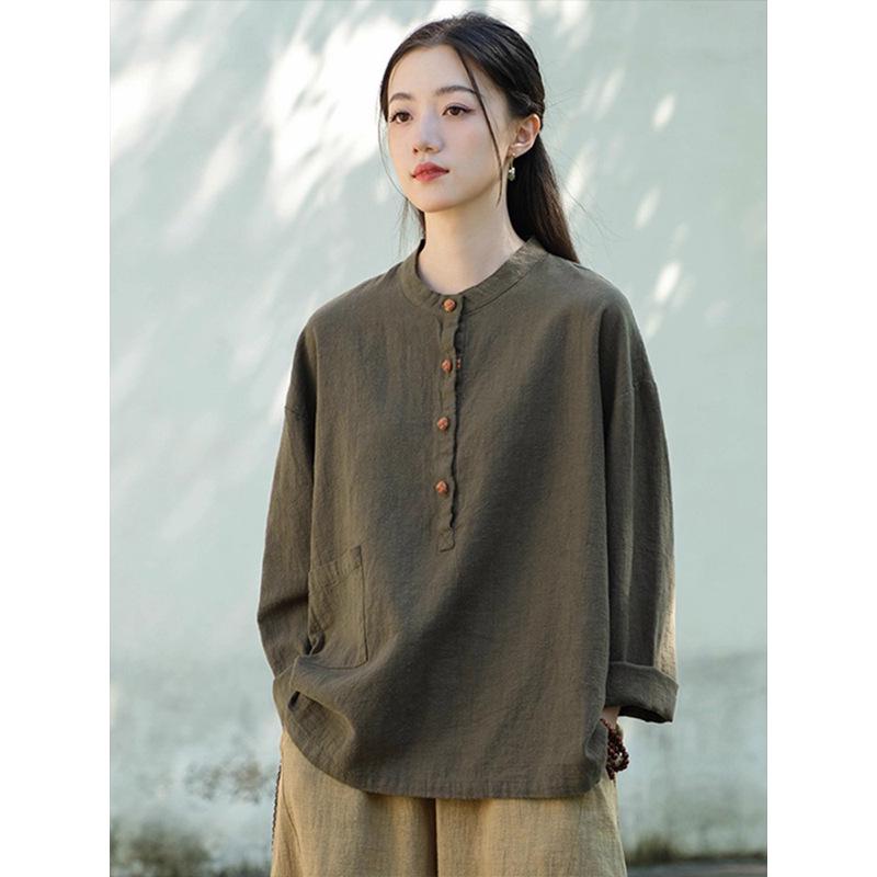 Spring/Autumn New Chinese Style Cotton Linen Women's Stand Collar Pullover Long Sleeve Shirt - Retro, Literary, and National Style Temperament.