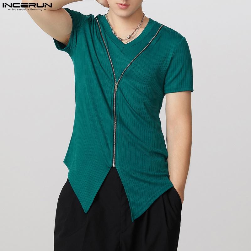 

INCERUN Мужские футболки с V-образным вырезом, коротким рукавом, разрезами по низу, молнией, повседневные, летние, в рубчик 2XL зелёный