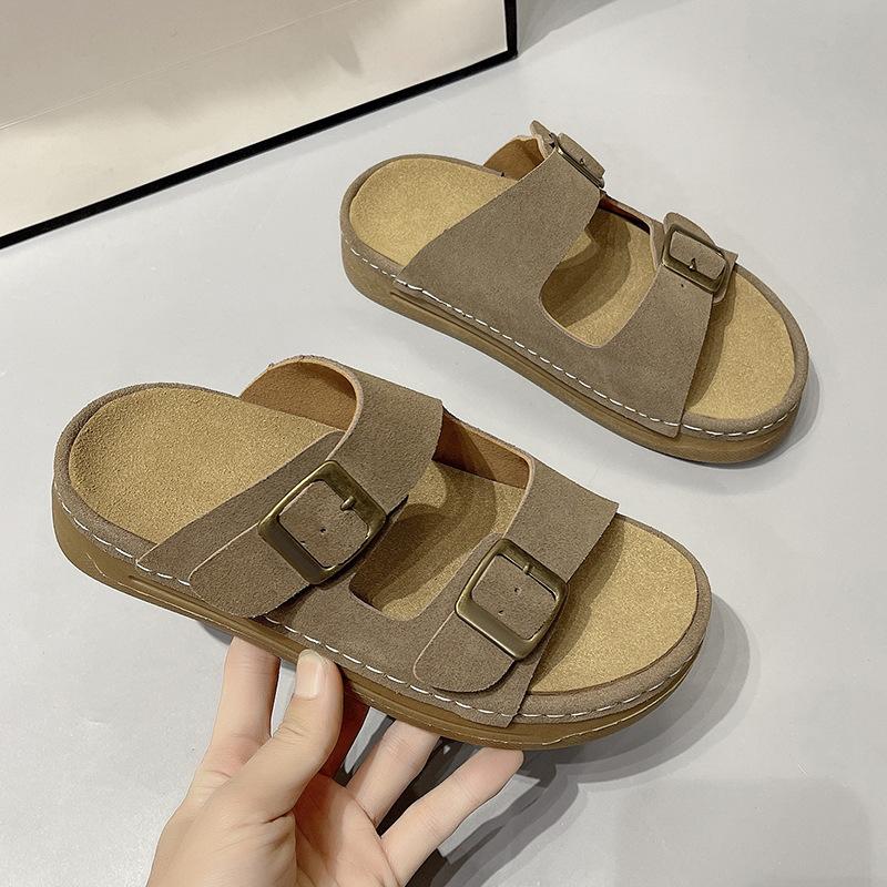 Leather Word with Slippers Women Wear New Retro Muffin Thick Sole Heightening Boken Sandals