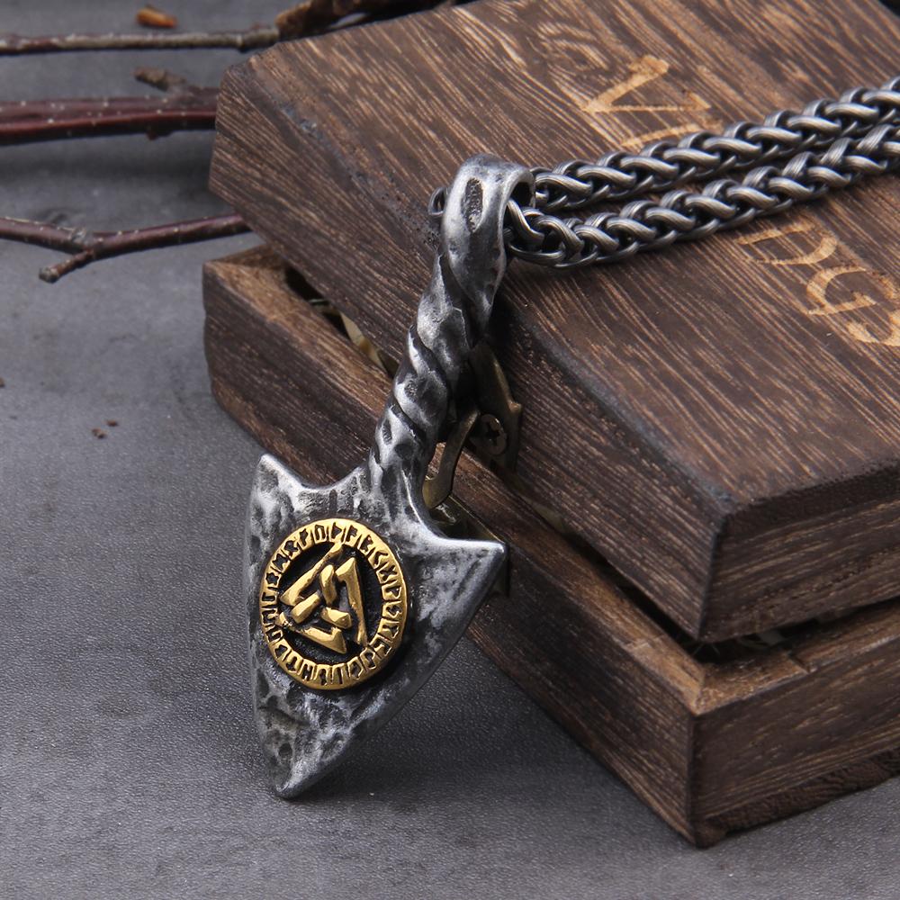 Stainless Steel Viking Necklace Men Antique Gray Spear Pendants Rune Valknut Necklaces Norse Jewelry Gift