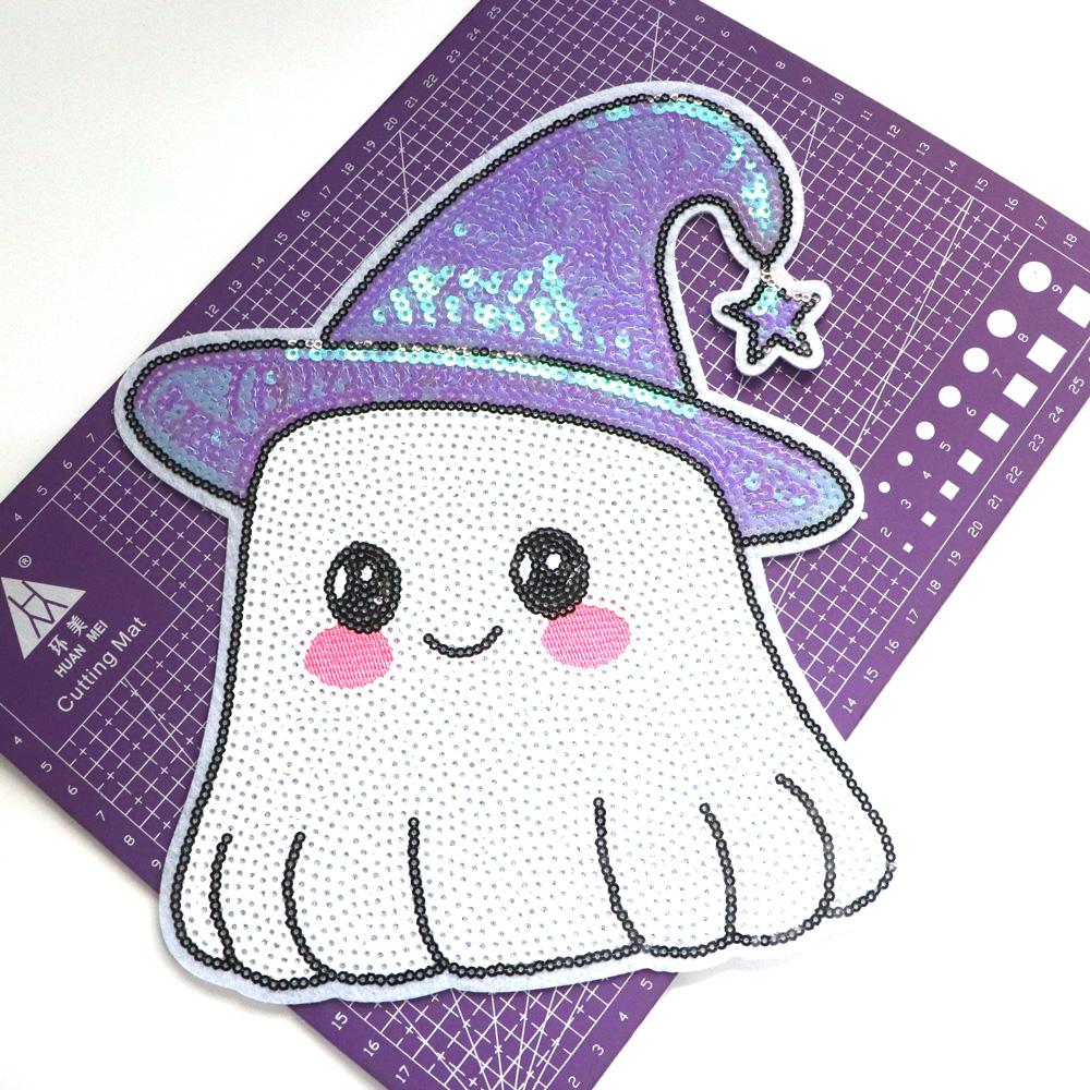 1pcs Sequin Halloween Ghost Embroidered Patches For Clothing Iron On Patches For Clothes DIY Fusible Patch