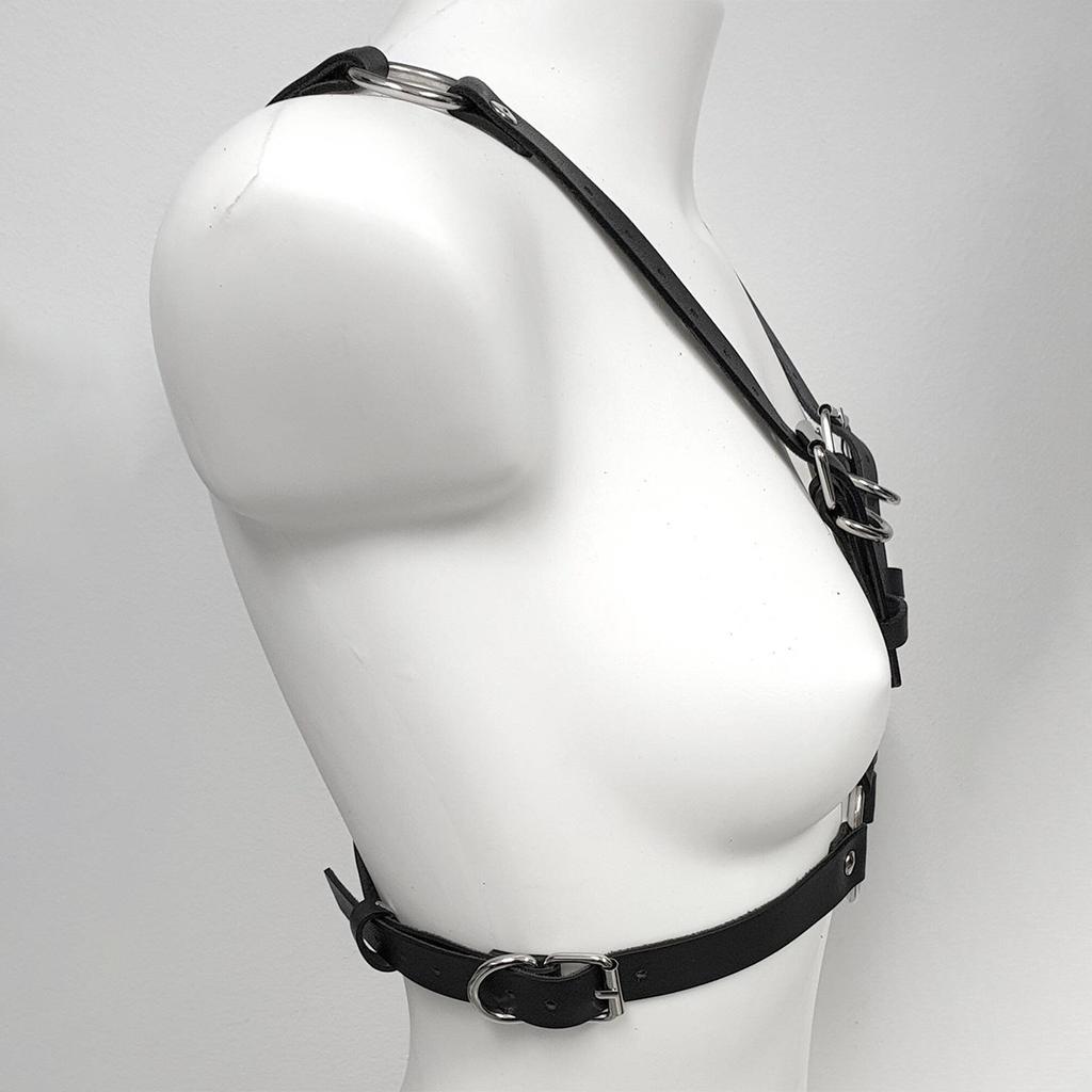 Women's Black Leather Body Harness Top, Adjustable Straps, O-Ring Detail, Gothic Punk Style, Party Clubwear