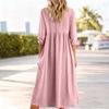 Women's Fashionable Color V-neck Casual Loose Retro Cotton Linen Long Sleeved Pocket Dress