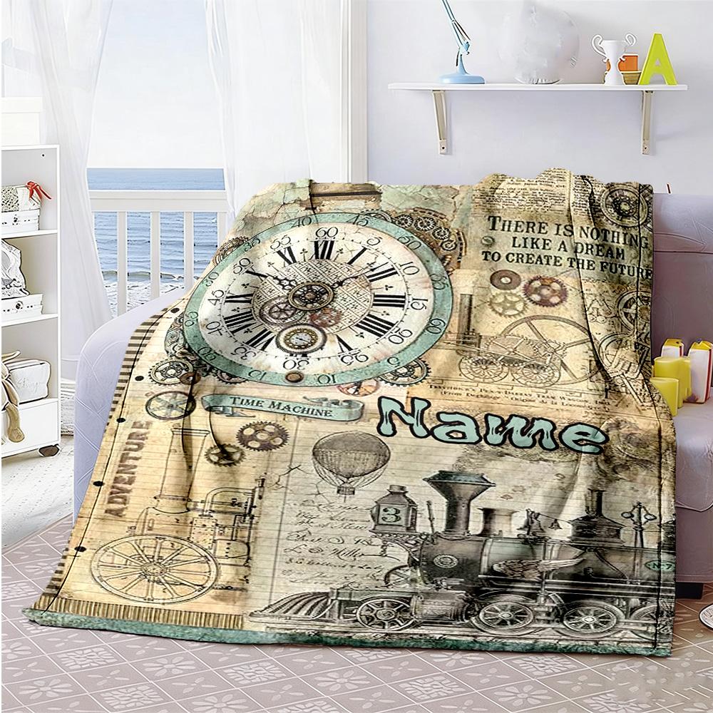 Train Clock Personalized Text Blanket Throw Personalized Blanket Soft & Cozy Suitable for Seaside Nap Bed Home Decor for All Occasions
