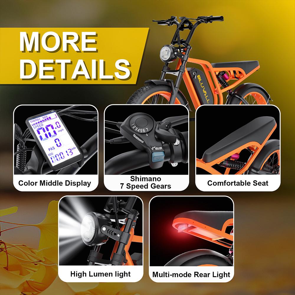Bicicletta Elettrica Puluma Su8 Motore di Picco 1200W Ruote Grasse 20" Mountain Bike Elettrica per Adulti 52V 20Ah Doppio Freno Idraulico 7 Velocità Carico Massimo 150Kg