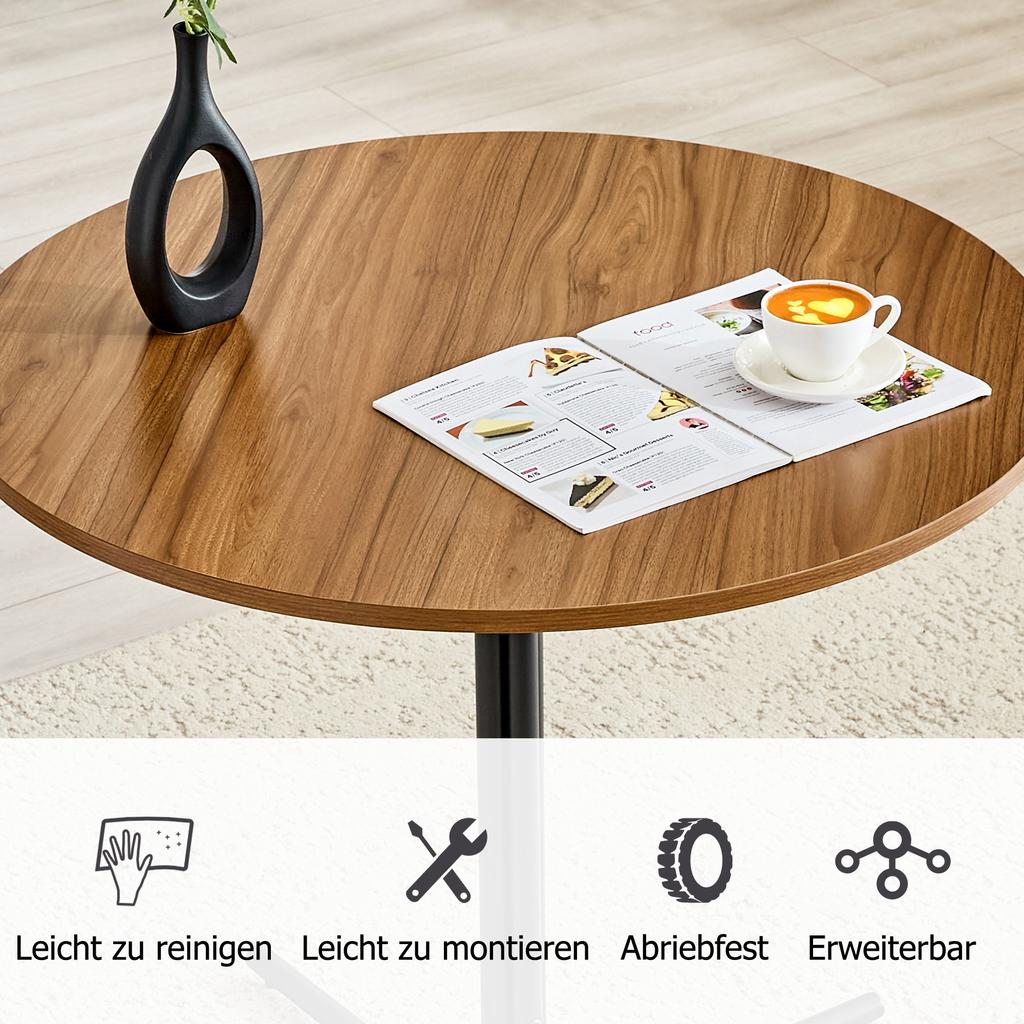 Round side table, Modern coffee table with walnut surface and black metal frame, Sofa table for living room, bedroom, balcony, office