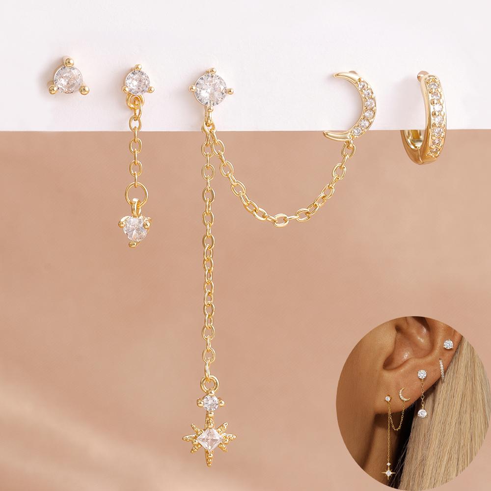 4PCS Women's Earrings Set Stainless Steel Cubic Zirconia Chain Moon Star Unique Punk Unisex Rock Earring Piercing Jewelry