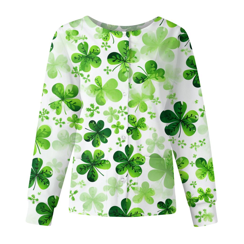Women's Casual Fashion Long Sleeve Standing Collar Single Breasted St. Patrick's Day Print Workwear Jacket Tops