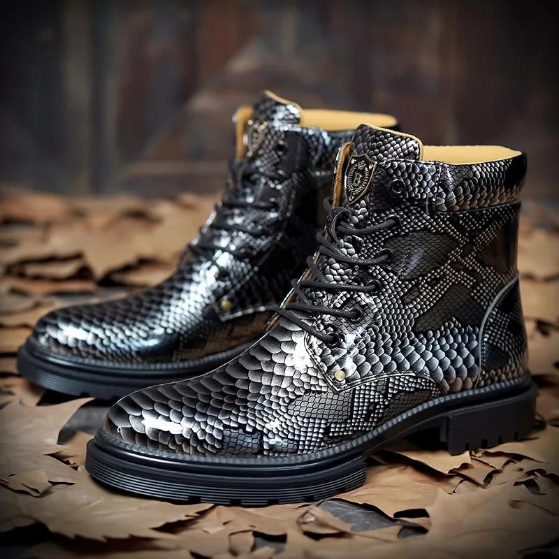 Genuine Leather Men's Boots Retro Snake Pattern Design Men's Chelsea Boots 2025 New Street Trend Shoes for Men Botas Para Hombre