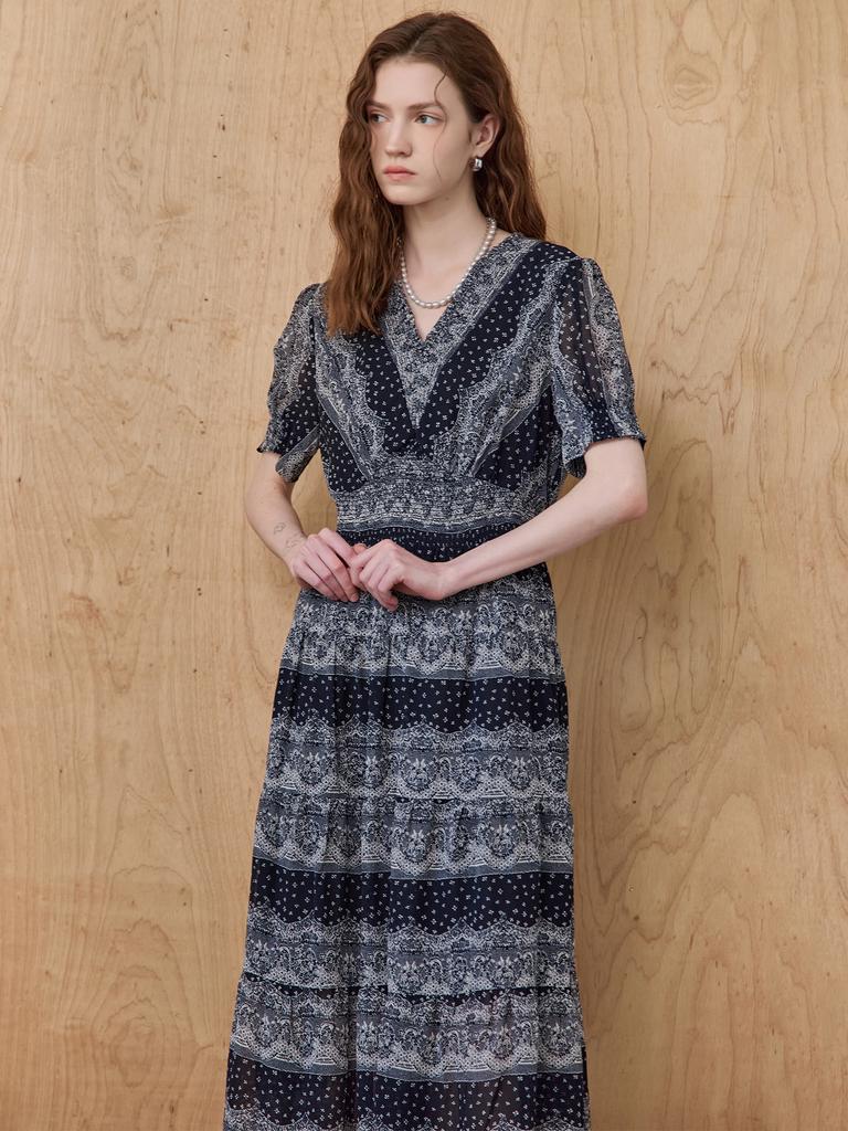 Maja Lace Pattern Smoked Banding V-Neck Long Dress