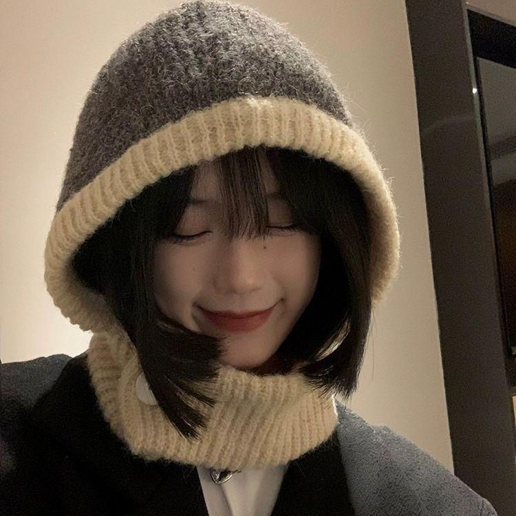 Autumn and winter balaclava hat women's warm hat scarf integrated couple cycling ear protection knitted wool hat