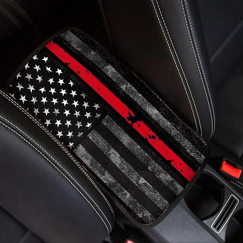Dreaweet Stylish Spider Web Printed Black Car Center Console Armrest Cushion Cover Pad Soft Car Armrest Seat Box Cover Protector Auto Car Interior American Flag Red Line