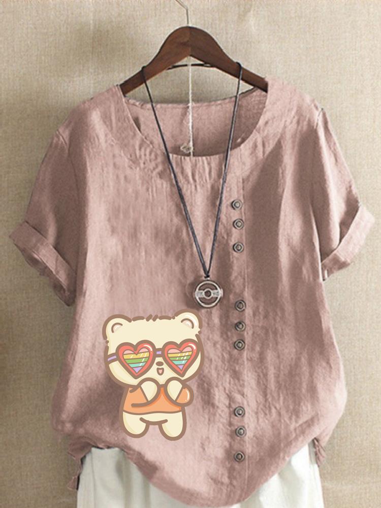 Women's Fashion Cute Cat Print Round Neck Short Sleeve T-shirt Summer Casual Cotton Linen Graphic Shirt Leisure Loose Blouse Tops