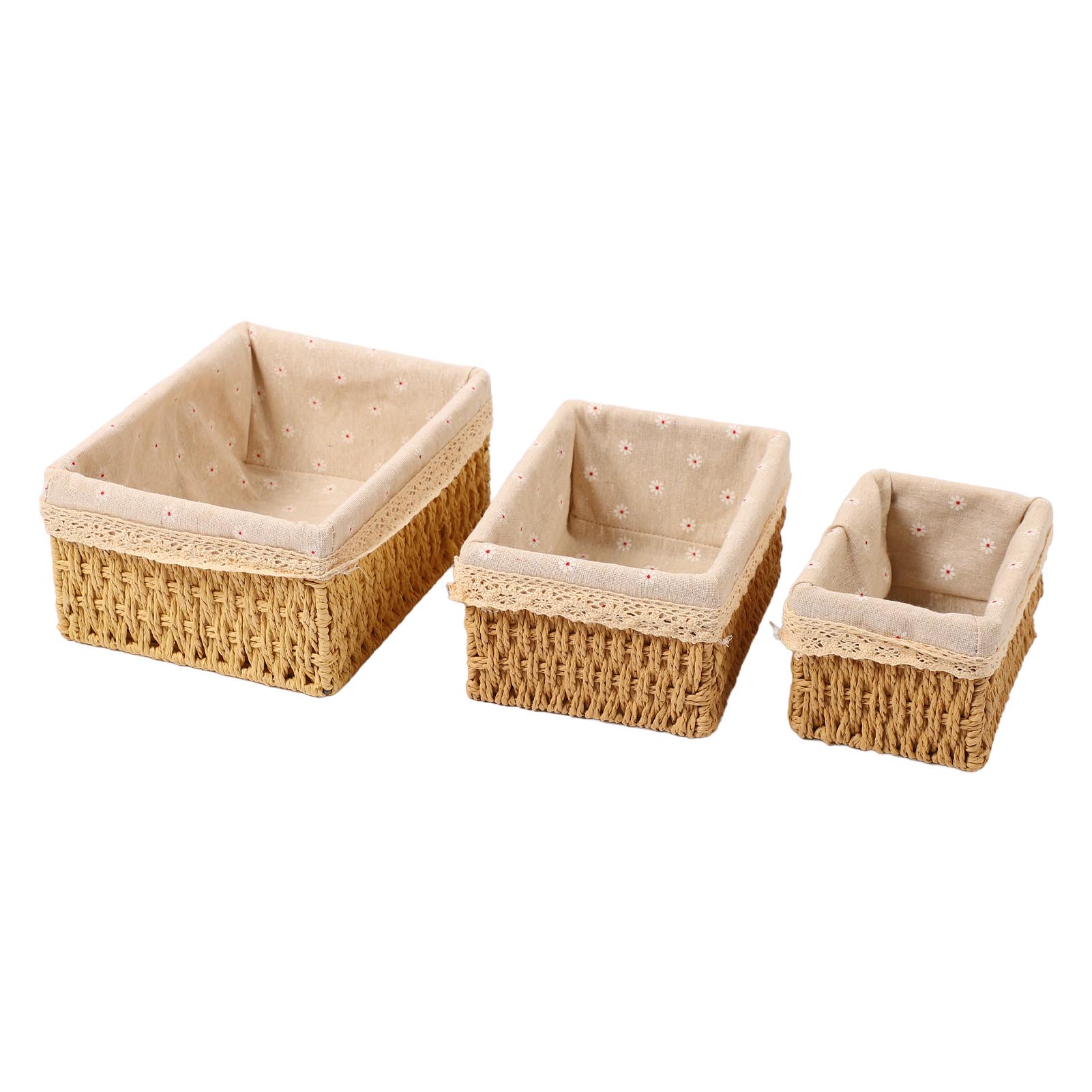 

Woven Storage Basket Rectangular Cloth Lining Hand Woven Organizer Bin for Clothes Toys 3pcs