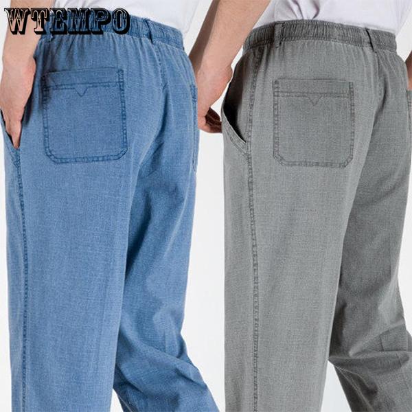 WTEMPO XL-5XL Spring Summer Autumn Winter Solid Casual Long Pants Men's Cotton Linen Elastic Mid-Waist Large Size Breathable Loose Pockets Trousers