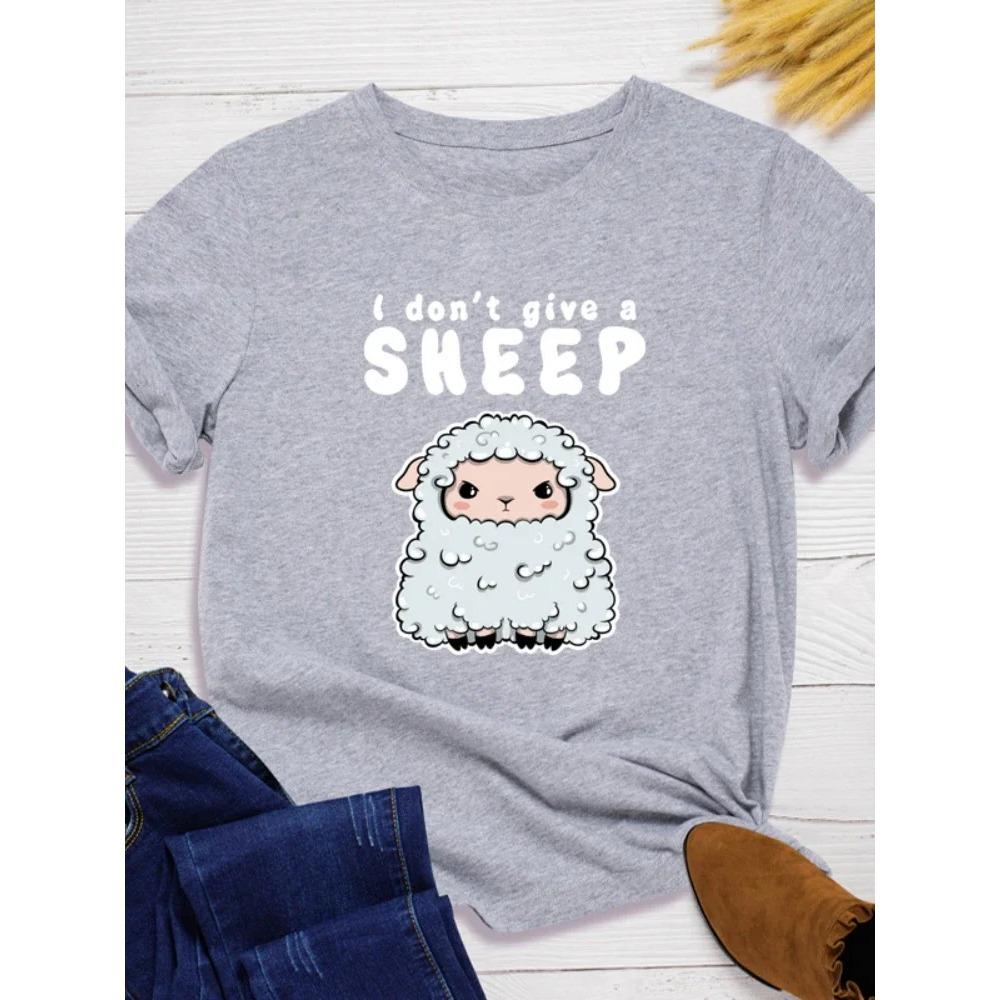 I Don't Give A Sheep Print Women T Shirt Short Sleeve Round Neck Cartoon Sheep Women Tshirt Shirt Tops
