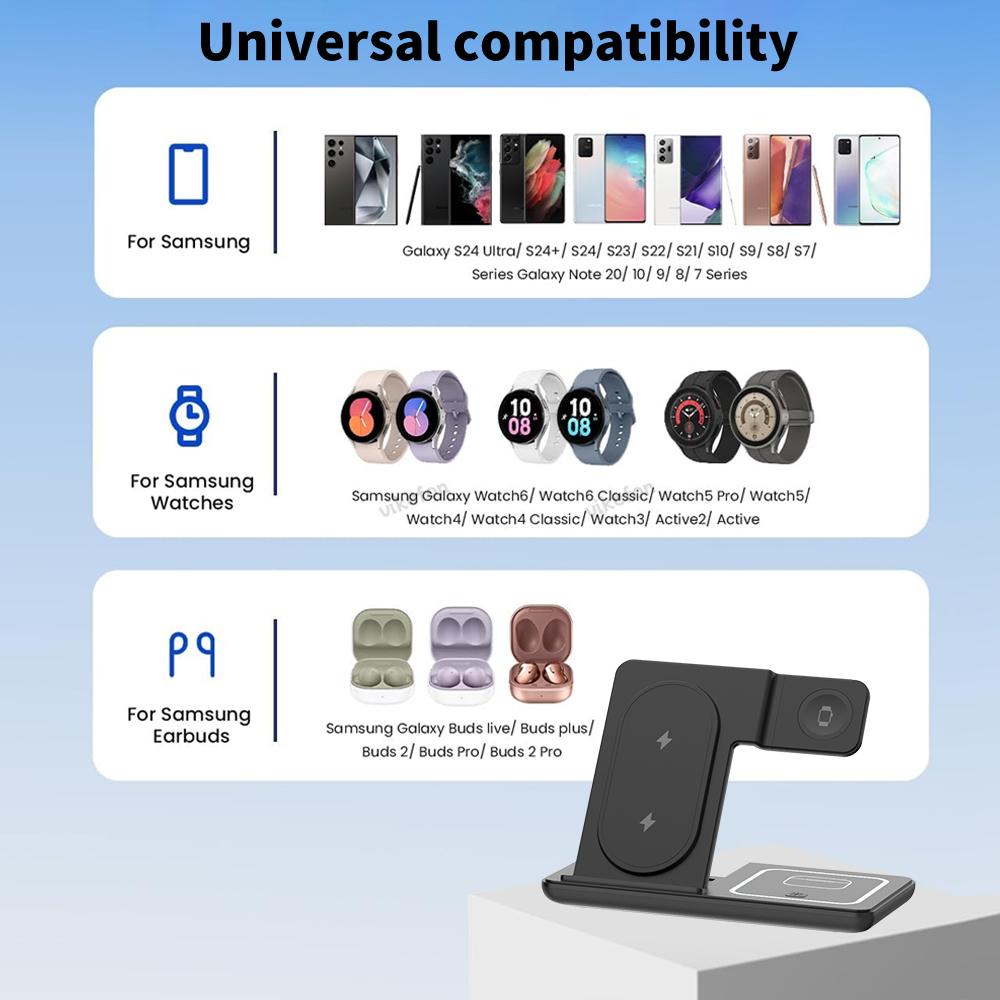 Foldable 3 In 1 Wireless Charger Desk Stand For Samsung S24 S23 Galaxy Watch 2-8 Active 1 2 Buds Pro LED Fast Charging Station