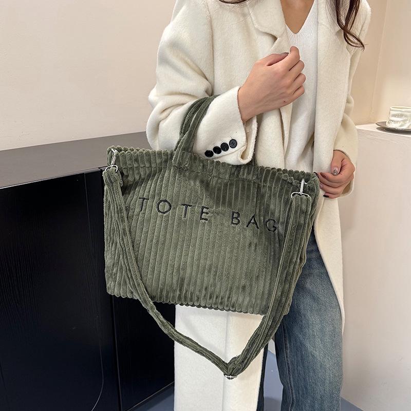 Women's 2025 Fashionable Corduroy Tote Bag with Letter Embroidery - Trendy Single Shoulder Handbag