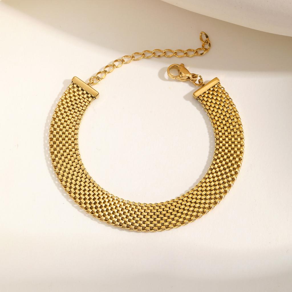 Stainless Steel Chain Women Bracelet, Wide Brand Mesh Link Adjustable Wristband, 18k PVD Gold Plated Vintage Jewelry