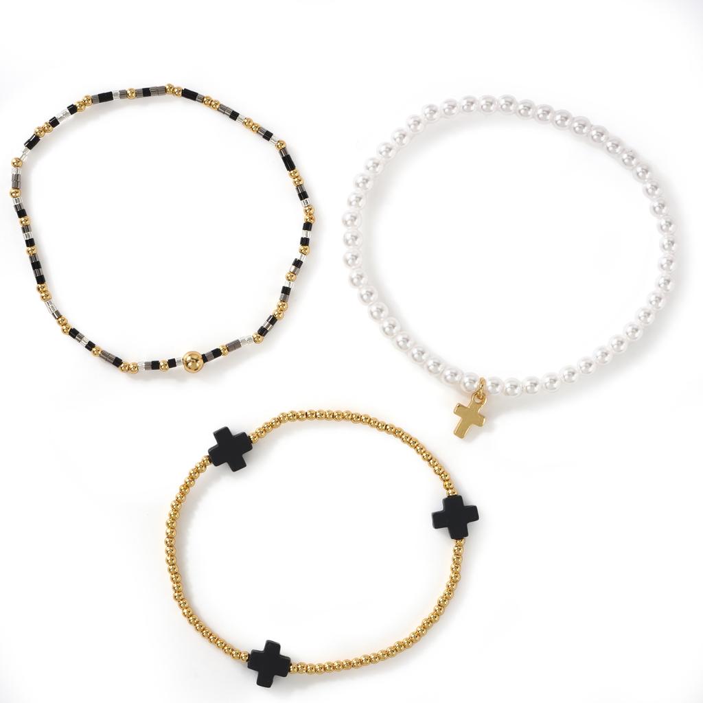 Go2boho 3Pcs Cross Beaded Bracelets for Women, Pearl Look Colorful Stackable Stretch Bracelet Set Boho Jewelry Gifts