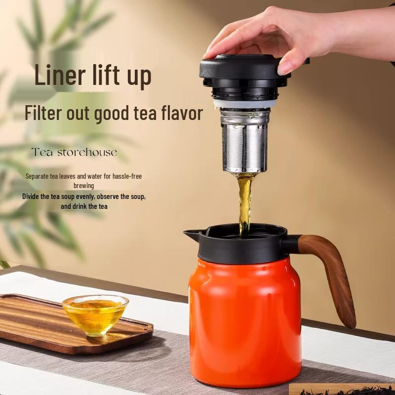 Portable Large Capacity Stainless Steel Tea Stewing Pot with Wooden Handle and Water Separator