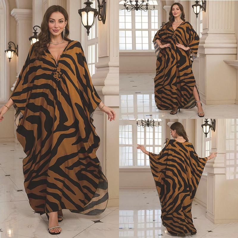 2025 European & American Cotton Printed Beach Dress Women's Long Loose Cover-Up with Sun Protection
