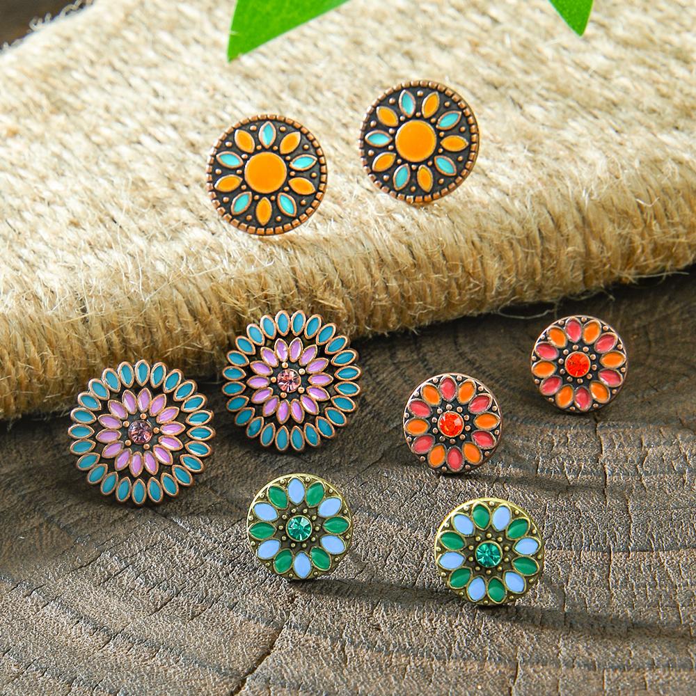 Women's Cute Oil Drop Stud Earrings Vintage Multicolor Earrings Set Geometric Roud Boho Party Decors Daily Wear Gifts Versatile
