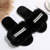 Fashion Indoor Faux Fury Cotton Slippers Women Winter Fashion Pearls Detor Cotton Slippers Open Toe Non Slip Plush Slides Female