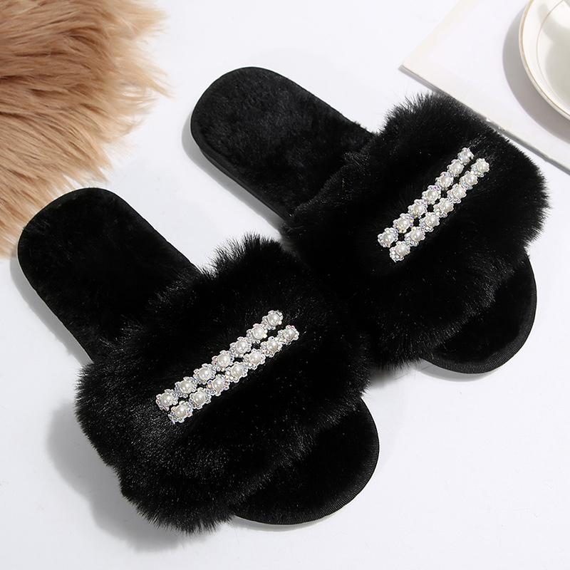 Fashion Indoor Faux Fury Cotton Slippers Women Winter Fashion Pearls Detor Cotton Slippers Open Toe Non Slip Plush Slides Female