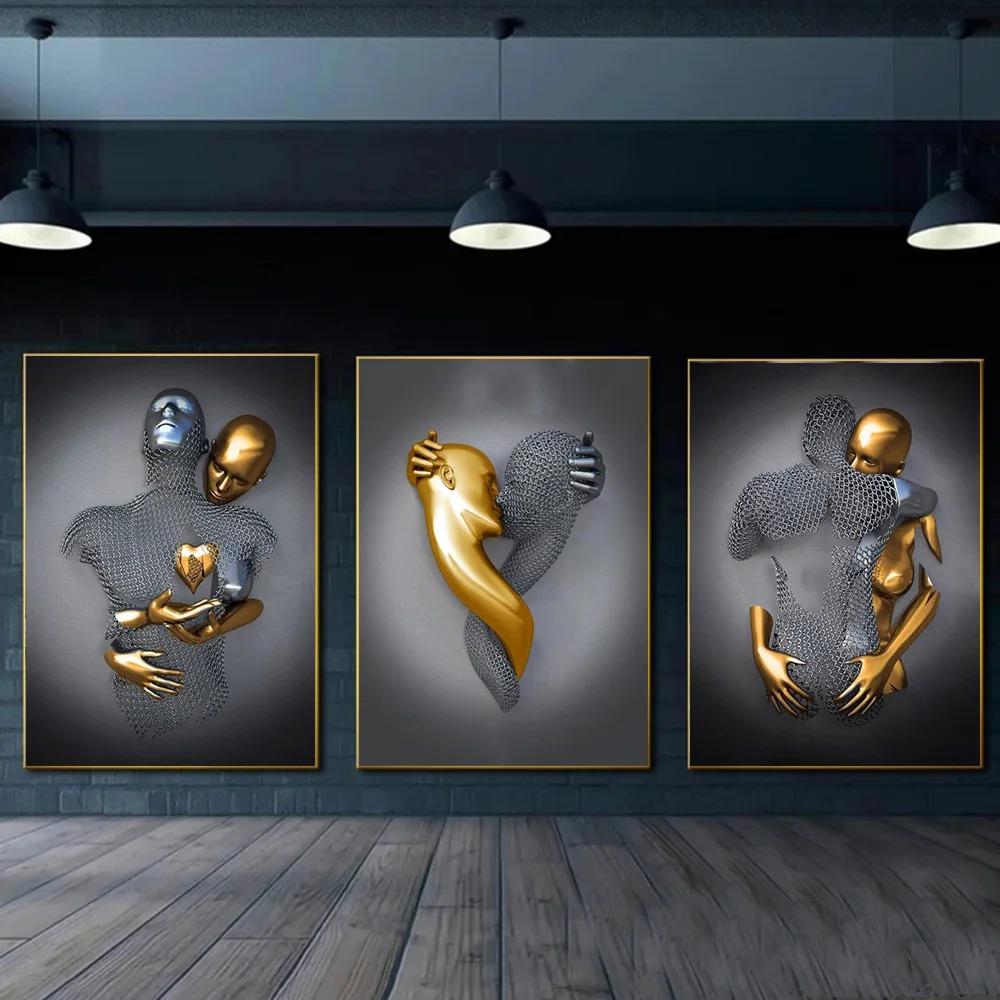 Metal Figure Statue Art Poster High Definition Printing Canvas Painting Prints Couple Sculpture Living Room Home Decor Picture