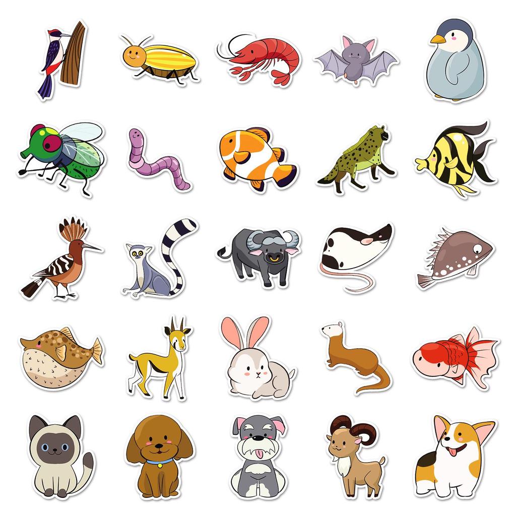 50 Cartoon Animal Stickers: Hand-Drawn, Cute, Creative Decor for Skateboards, Water Cups, and Phone Cases (50 Sheets)