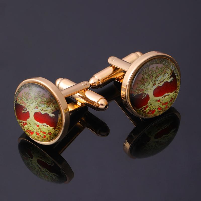 Classic Mens Glass Cabochon World Tree Cufflinks Golden And SIilver Tone Time Gem Round Sleeve Button