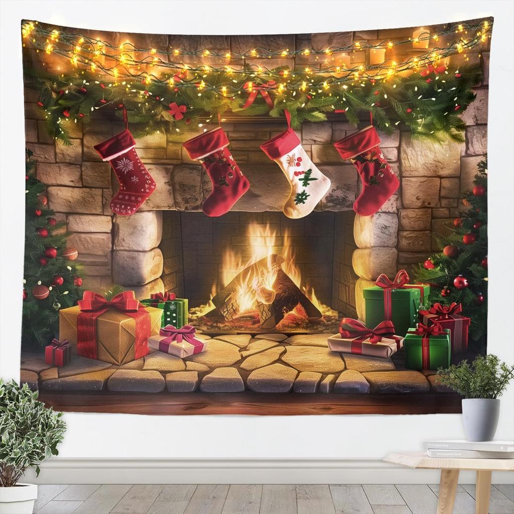 Christmas Studio Tapestry Wall Hanging Christmas Wooden Doors Windows Winter Snow Scene Xmas Trees Gifts Art Wall DecorChristmas