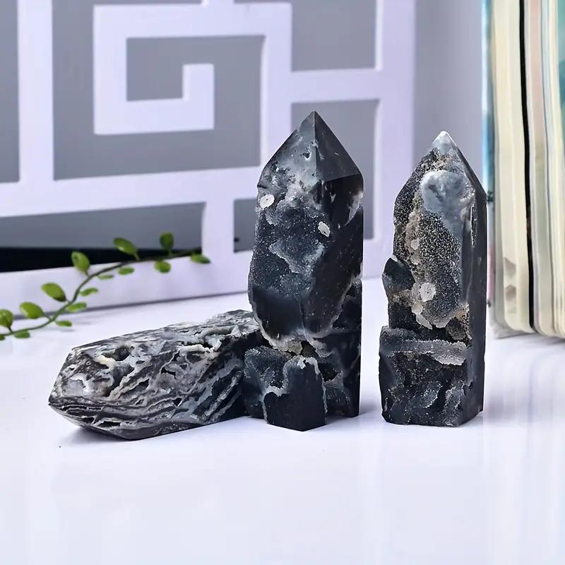 1pc Black Glitter Agate Crystal Columns Decorative Ornaments for Home and Office Natural Mineral Single Pointed for Room Decor